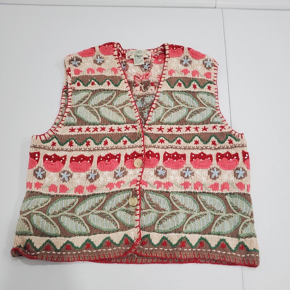 Orvis Sweater Vest Womens Medium Strawberry Floral Embroidered Knit Whimsy Fairy